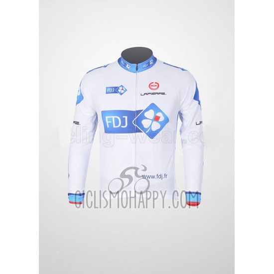 FDJ Cycling Jersey Bib Tight 2010 Long Sleeve White and Sky Blue